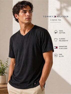 🌸 4/$20 Sale Tommy Hilfiger Men’s Black V-Neck Short Sleeve Tee